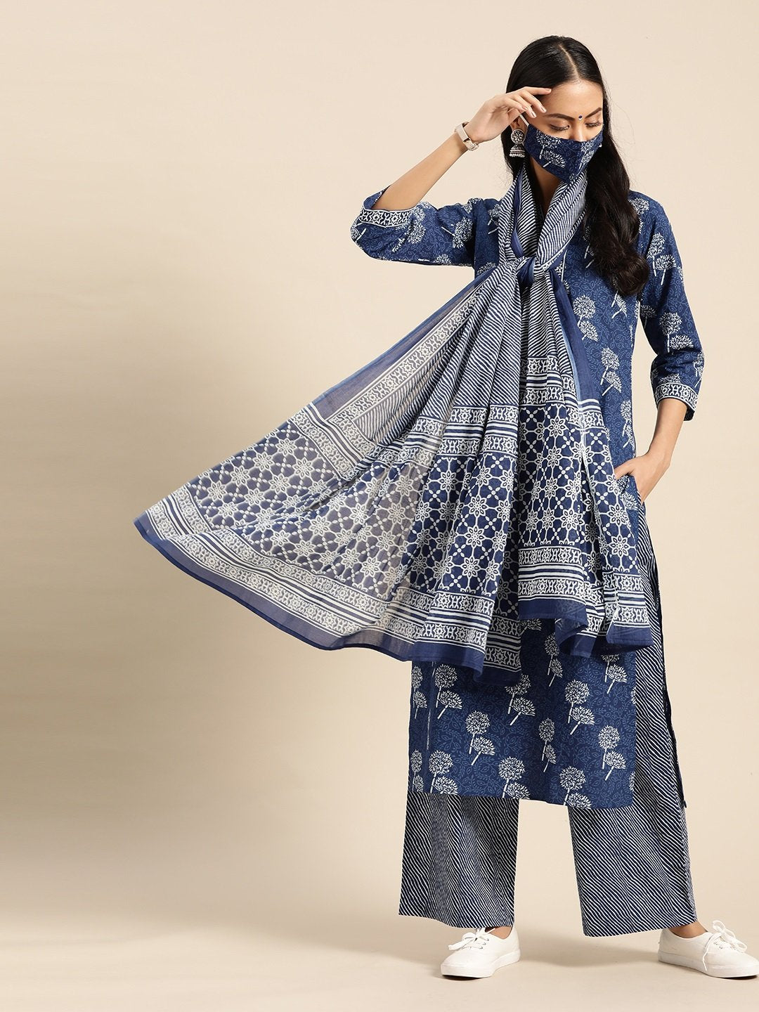 Women Indigo Three-Quarter Sleeves Straight Kurta With Palazzo & Striped Dupatta | LASVINI - Redefining Indian Fashion with Elegance