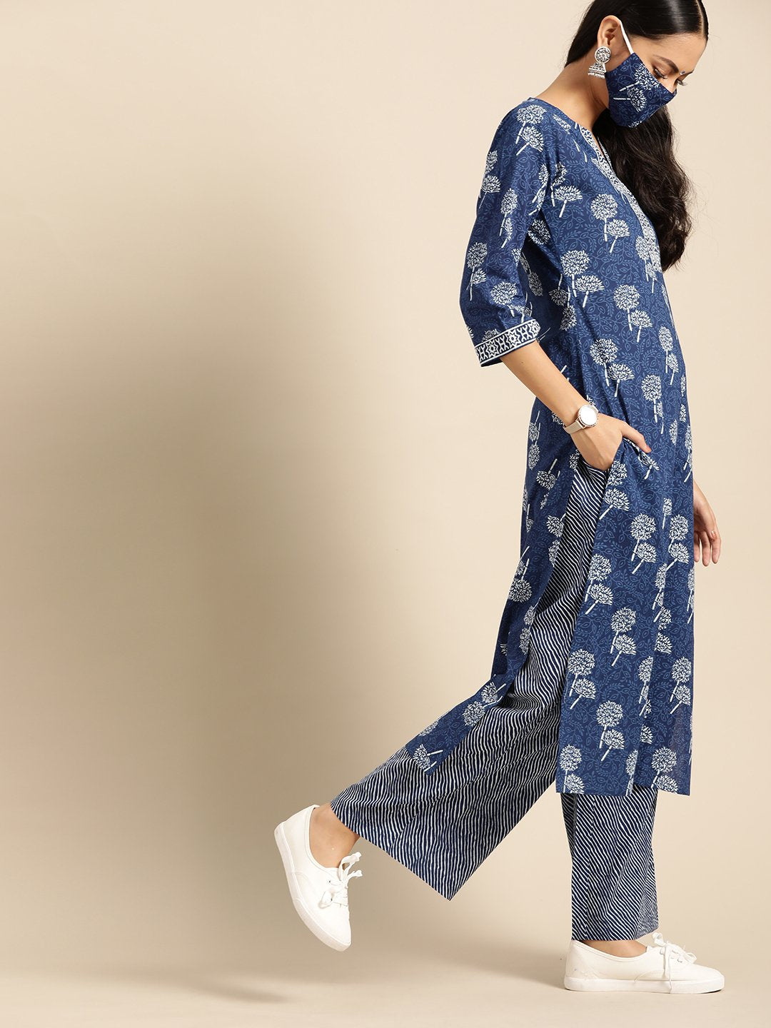 Women Indigo Three-Quarter Sleeves Straight Kurta With Palazzo & Striped Dupatta | LASVINI - Redefining Indian Fashion with Elegance