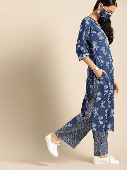 Women Indigo Three-Quarter Sleeves Straight Kurta With Palazzo & Striped Dupatta | LASVINI - Redefining Indian Fashion with Elegance