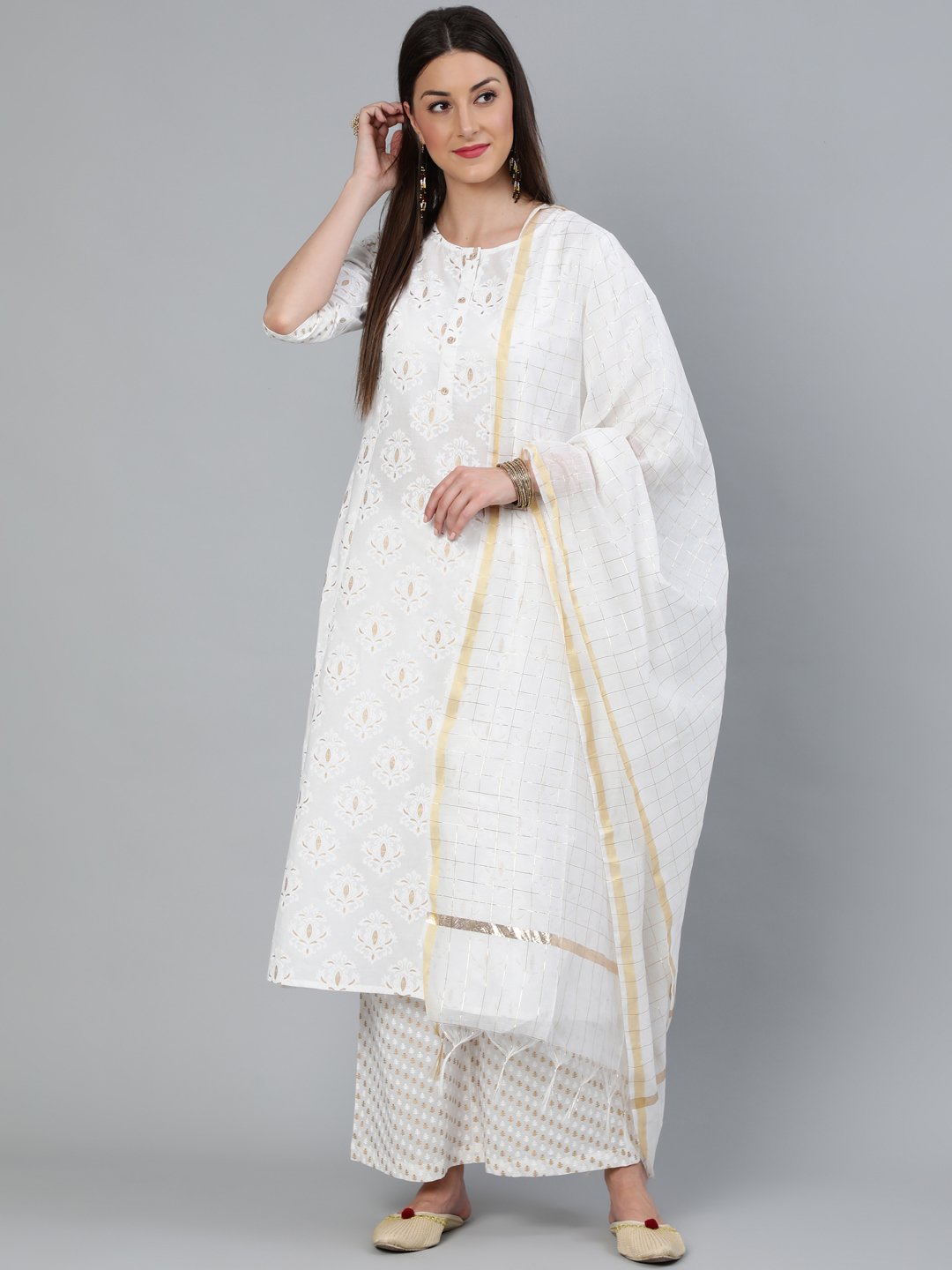 Women Off-White & Gold Printed A-Line  Kurta With Plazzo & Dupatta | LASVINI - Redefining Indian Fashion with Elegance