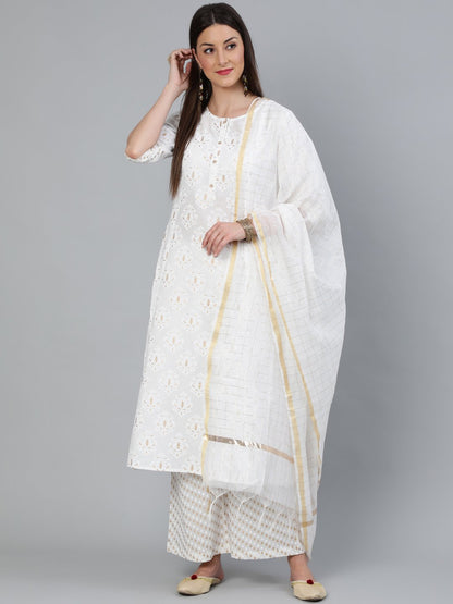 Women Off-White & Gold Printed A-Line  Kurta With Plazzo & Dupatta | LASVINI - Redefining Indian Fashion with Elegance