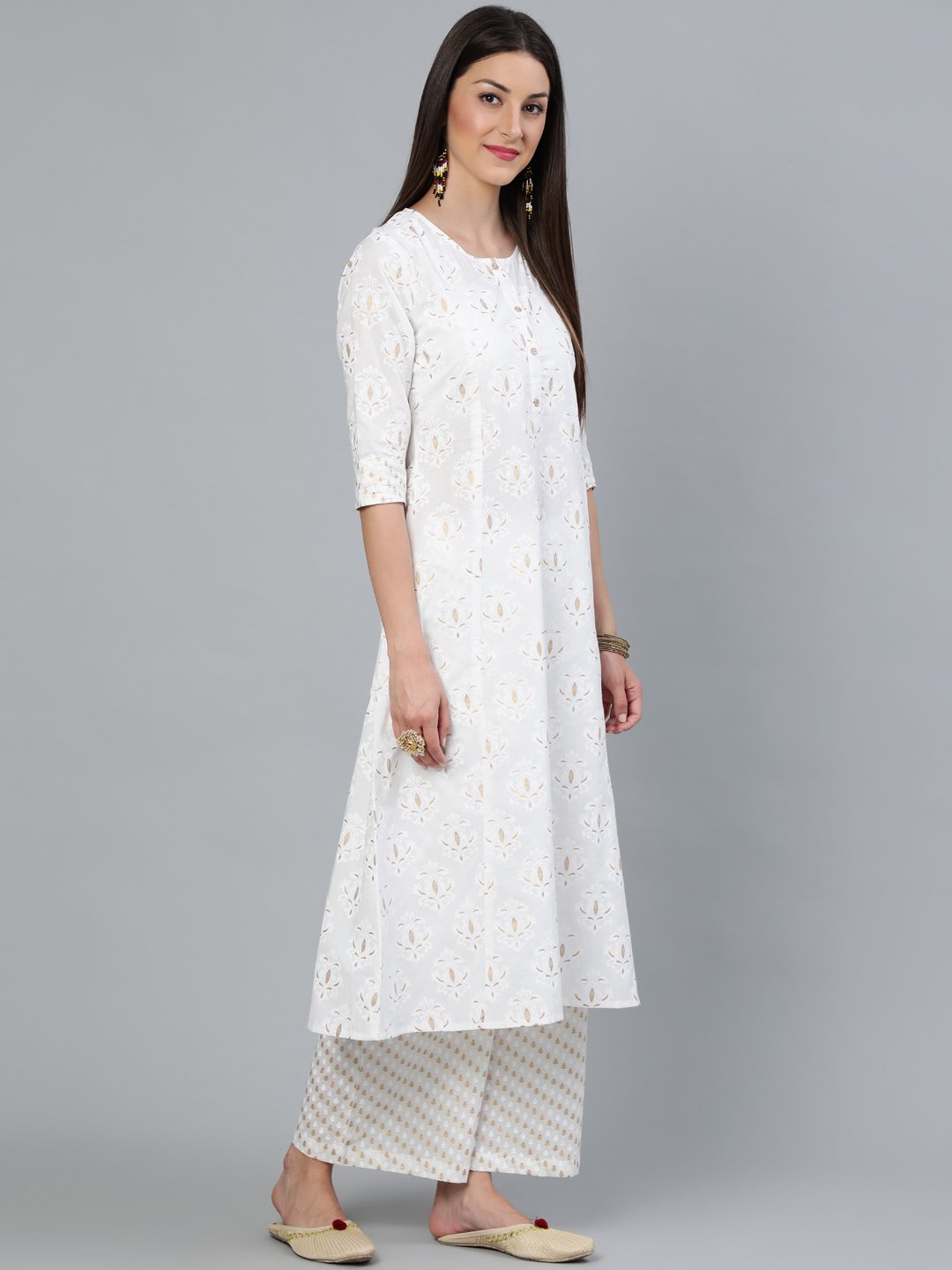 Women Off-White & Gold Printed A-Line  Kurta With Plazzo & Dupatta | LASVINI - Redefining Indian Fashion with Elegance