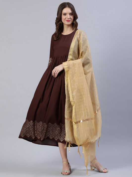 Women Brown Block Printed Dress With Chanderi Dupatta | LASVINI - Redefining Indian Fashion with Elegance