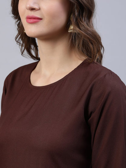 Women Brown Block Printed Dress With Chanderi Dupatta | LASVINI - Redefining Indian Fashion with Elegance