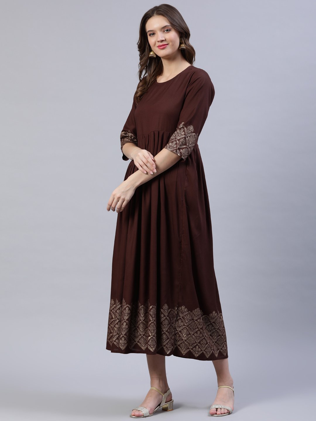 Women Brown Block Printed Dress With Chanderi Dupatta | LASVINI - Redefining Indian Fashion with Elegance
