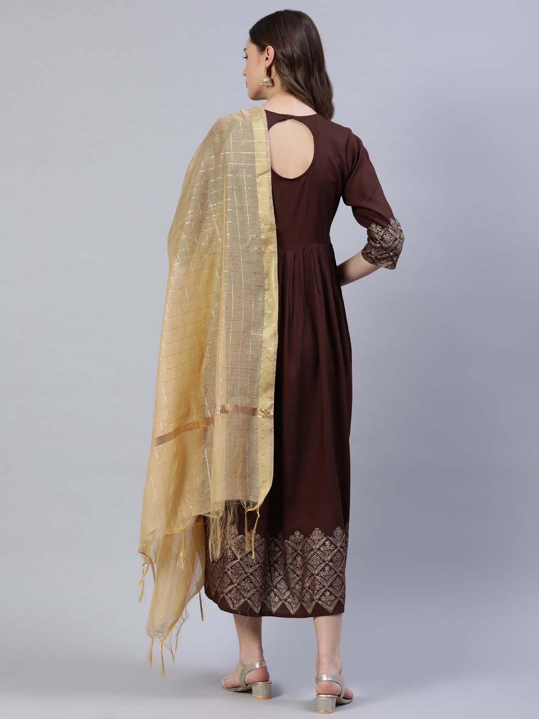 Women Brown Block Printed Dress With Chanderi Dupatta | LASVINI - Redefining Indian Fashion with Elegance