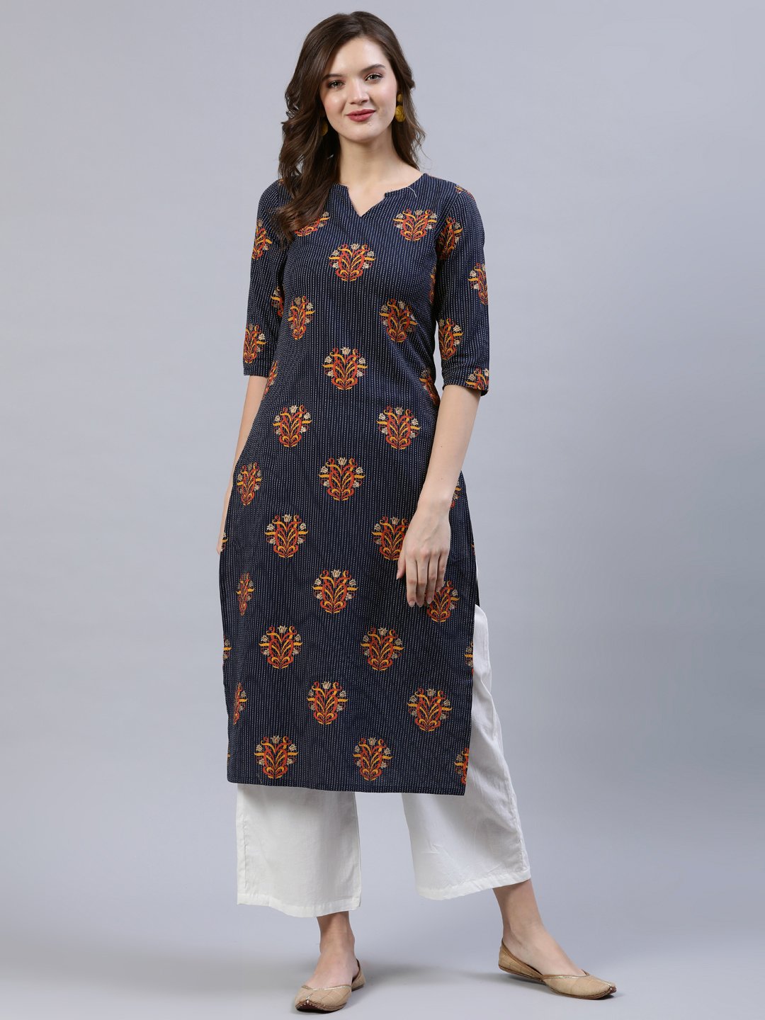 Women Navy Blue Printed Straigh Kurta With Plazzo | LASVINI - Redefining Indian Fashion with Elegance