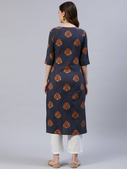 Women Navy Blue Printed Straigh Kurta With Plazzo | LASVINI - Redefining Indian Fashion with Elegance