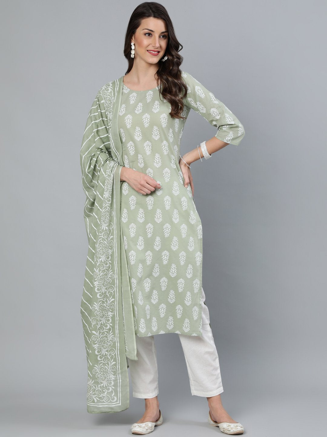 Women Sage Green & Off-White Printed Straight Kurta With Plazzo  & Dupatta | LASVINI - Redefining Indian Fashion with Elegance