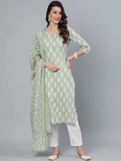 Women Sage Green & Off-White Printed Straight Kurta With Plazzo  & Dupatta | LASVINI - Redefining Indian Fashion with Elegance