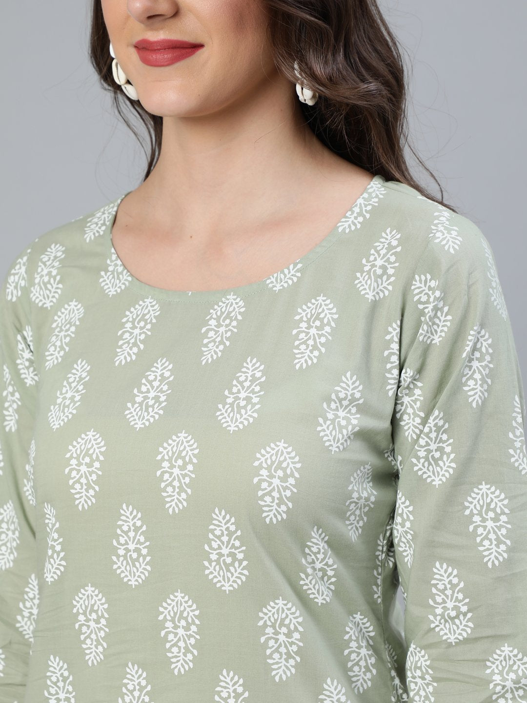 Women Sage Green & Off-White Printed Straight Kurta With Plazzo  & Dupatta | LASVINI - Redefining Indian Fashion with Elegance