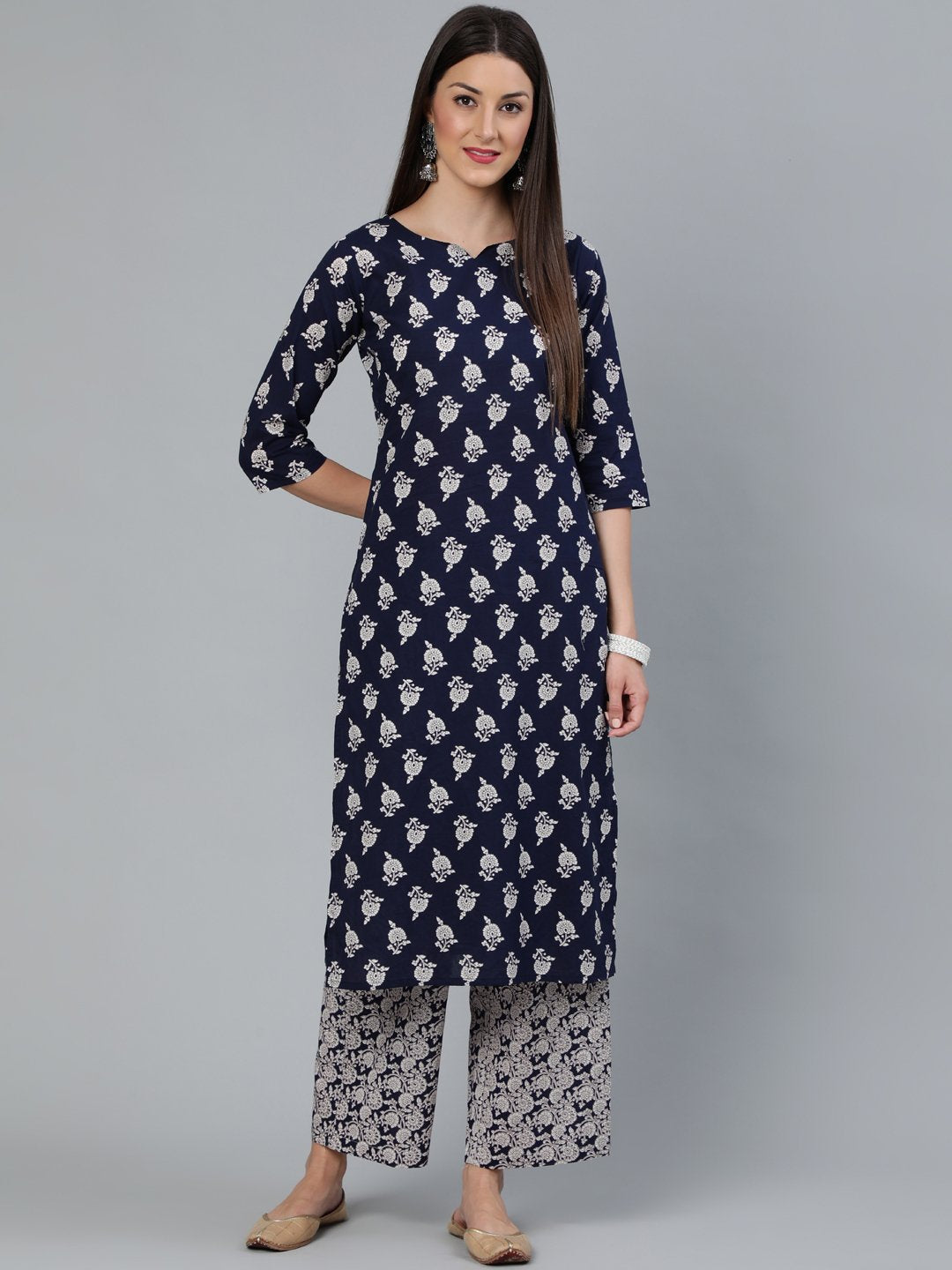 Women Navy Blue Floral Printed Straight Kurta With Plazo | LASVINI - Redefining Indian Fashion with Elegance