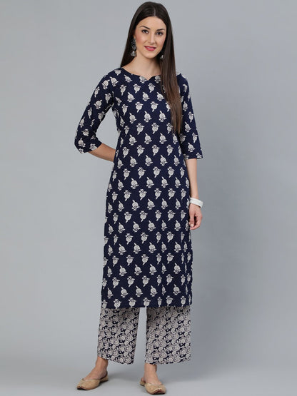 Women Navy Blue Floral Printed Straight Kurta With Plazo | LASVINI - Redefining Indian Fashion with Elegance