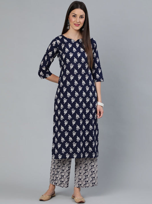 Women Navy Blue Floral Printed Straight Kurta With Plazo | LASVINI - Redefining Indian Fashion with Elegance
