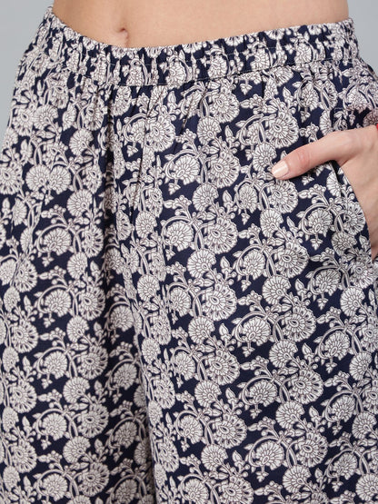 Women Navy Blue Floral Printed Straight Kurta With Plazo | LASVINI - Redefining Indian Fashion with Elegance