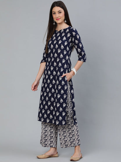 Women Navy Blue Floral Printed Straight Kurta With Plazo | LASVINI - Redefining Indian Fashion with Elegance