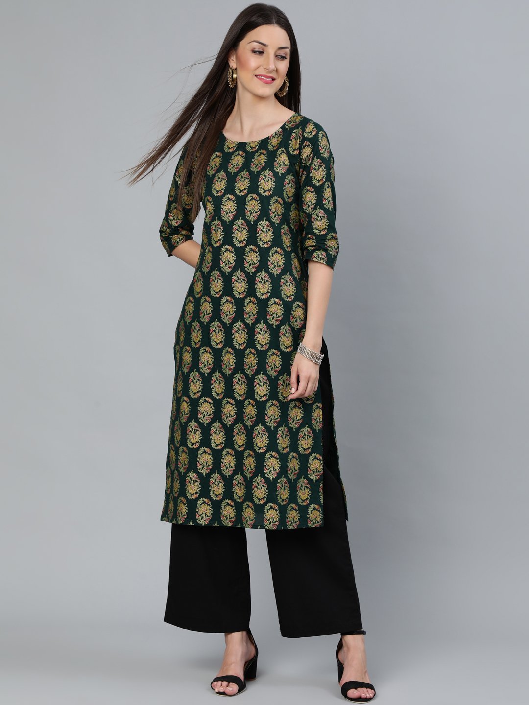 Women Dark Green & Gold Printed Straight Kurta With Round Neck & Three Qauter Sleeves | LASVINI - Redefining Indian Fashion with Elegance