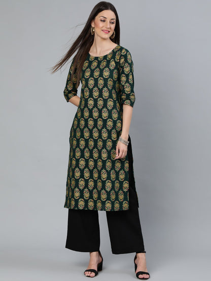 Women Dark Green & Gold Printed Straight Kurta With Round Neck & Three Qauter Sleeves | LASVINI - Redefining Indian Fashion with Elegance