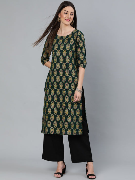 Women Dark Green & Gold Printed Straight Kurta With Round Neck & Three Qauter Sleeves | LASVINI - Redefining Indian Fashion with Elegance