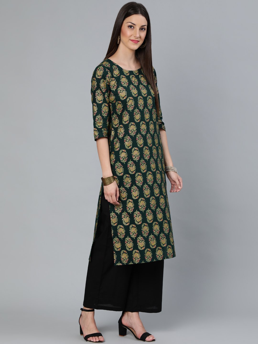 Women Dark Green & Gold Printed Straight Kurta With Round Neck & Three Qauter Sleeves | LASVINI - Redefining Indian Fashion with Elegance