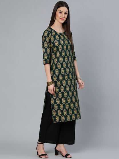 Women Dark Green & Gold Printed Straight Kurta With Round Neck & Three Qauter Sleeves | LASVINI - Redefining Indian Fashion with Elegance