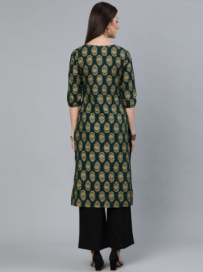 Women Dark Green & Gold Printed Straight Kurta With Round Neck & Three Qauter Sleeves | LASVINI - Redefining Indian Fashion with Elegance