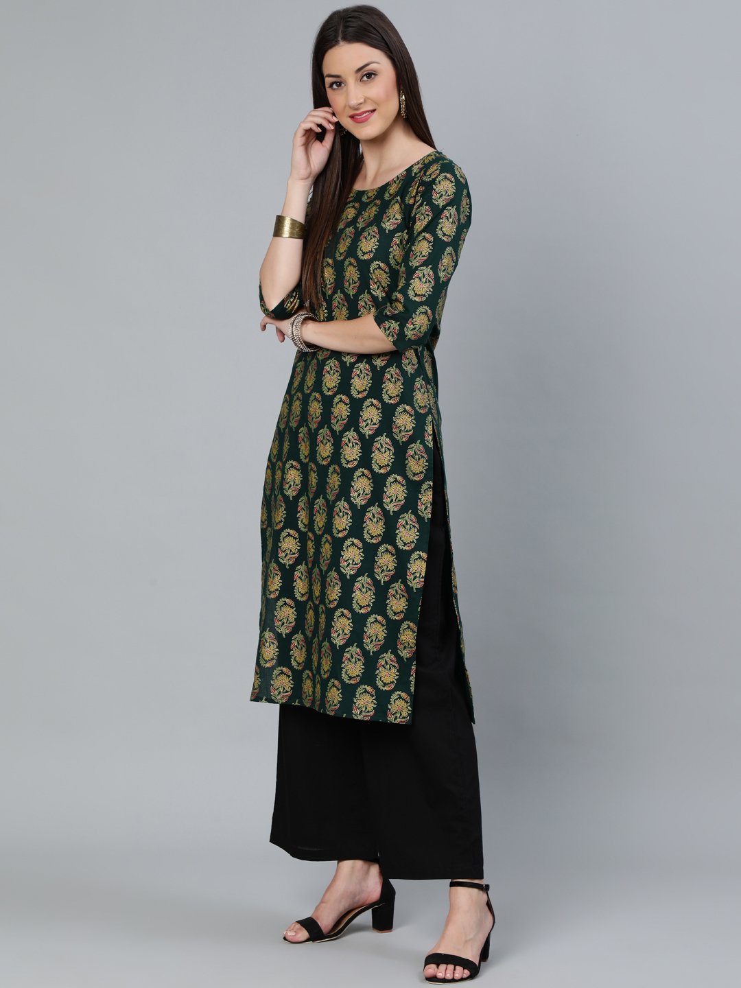 Women Dark Green & Gold Printed Straight Kurta With Round Neck & Three Qauter Sleeves | LASVINI - Redefining Indian Fashion with Elegance