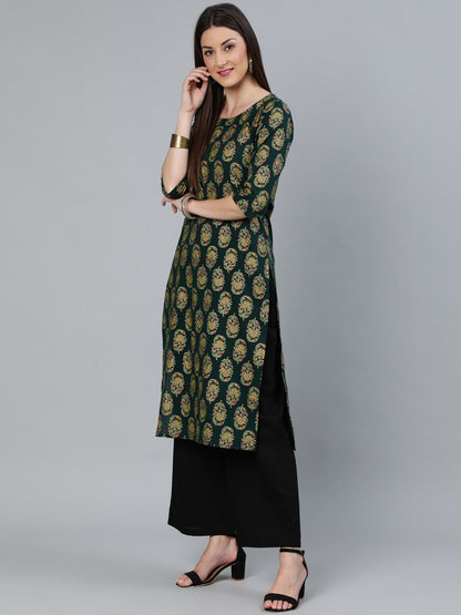 Women Dark Green & Gold Printed Straight Kurta With Round Neck & Three Qauter Sleeves | LASVINI - Redefining Indian Fashion with Elegance
