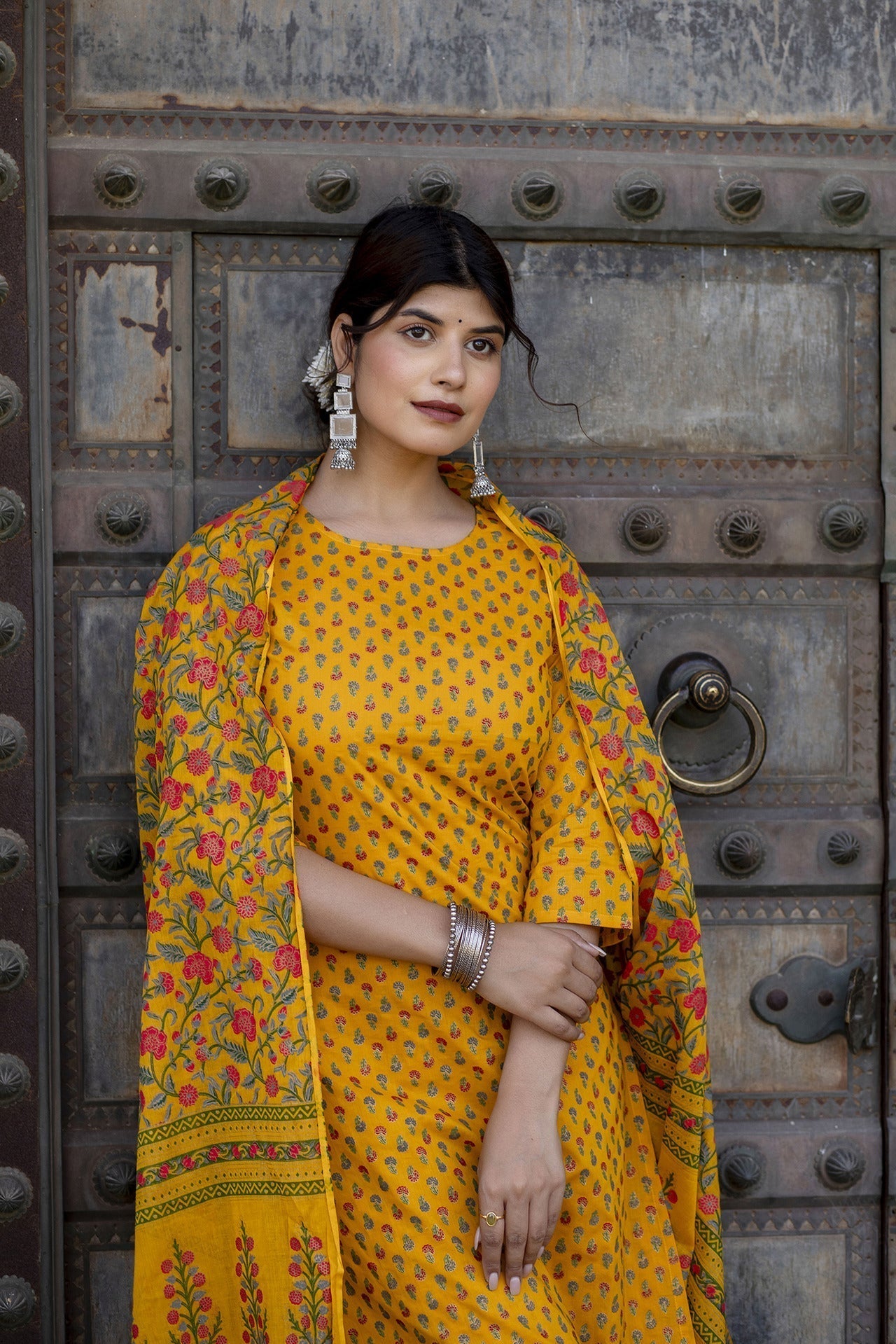 Women Mustard & Gold Printed Straight Kurta With Plazzo  & Dupatta | LASVINI - Redefining Indian Fashion with Elegance