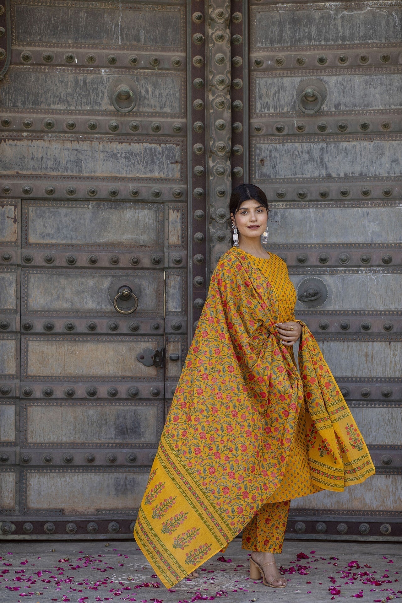 Women Mustard & Gold Printed Straight Kurta With Plazzo  & Dupatta | LASVINI - Redefining Indian Fashion with Elegance