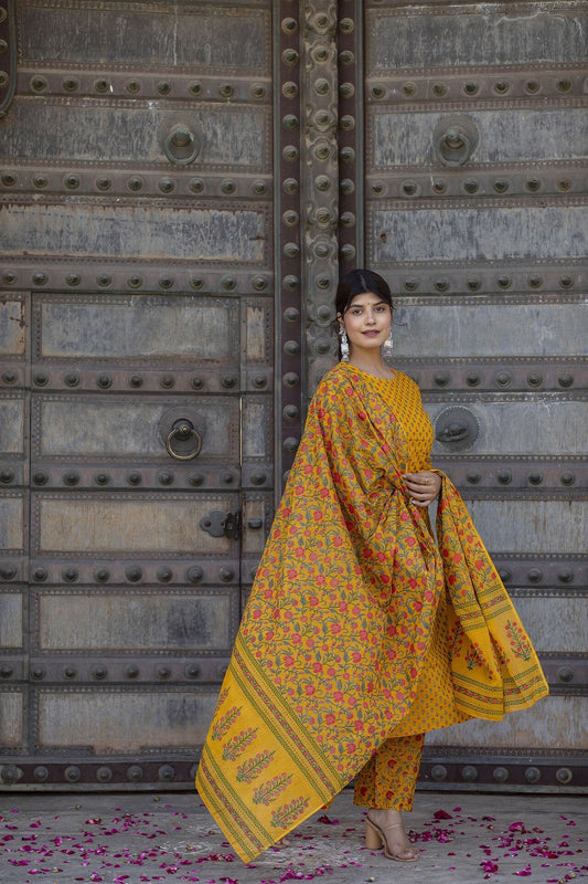 Women Mustard & Gold Printed Straight Kurta With Plazzo  & Dupatta | LASVINI - Redefining Indian Fashion with Elegance