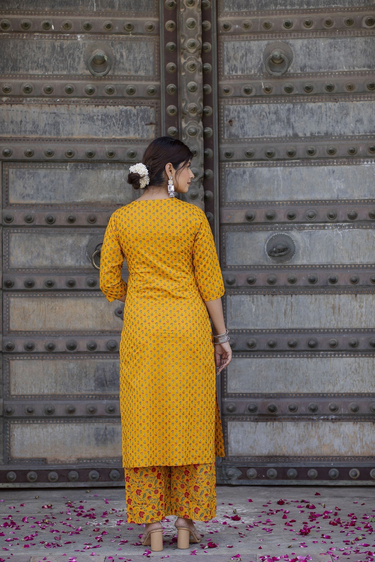 Women Mustard & Gold Printed Straight Kurta With Plazzo  & Dupatta | LASVINI - Redefining Indian Fashion with Elegance