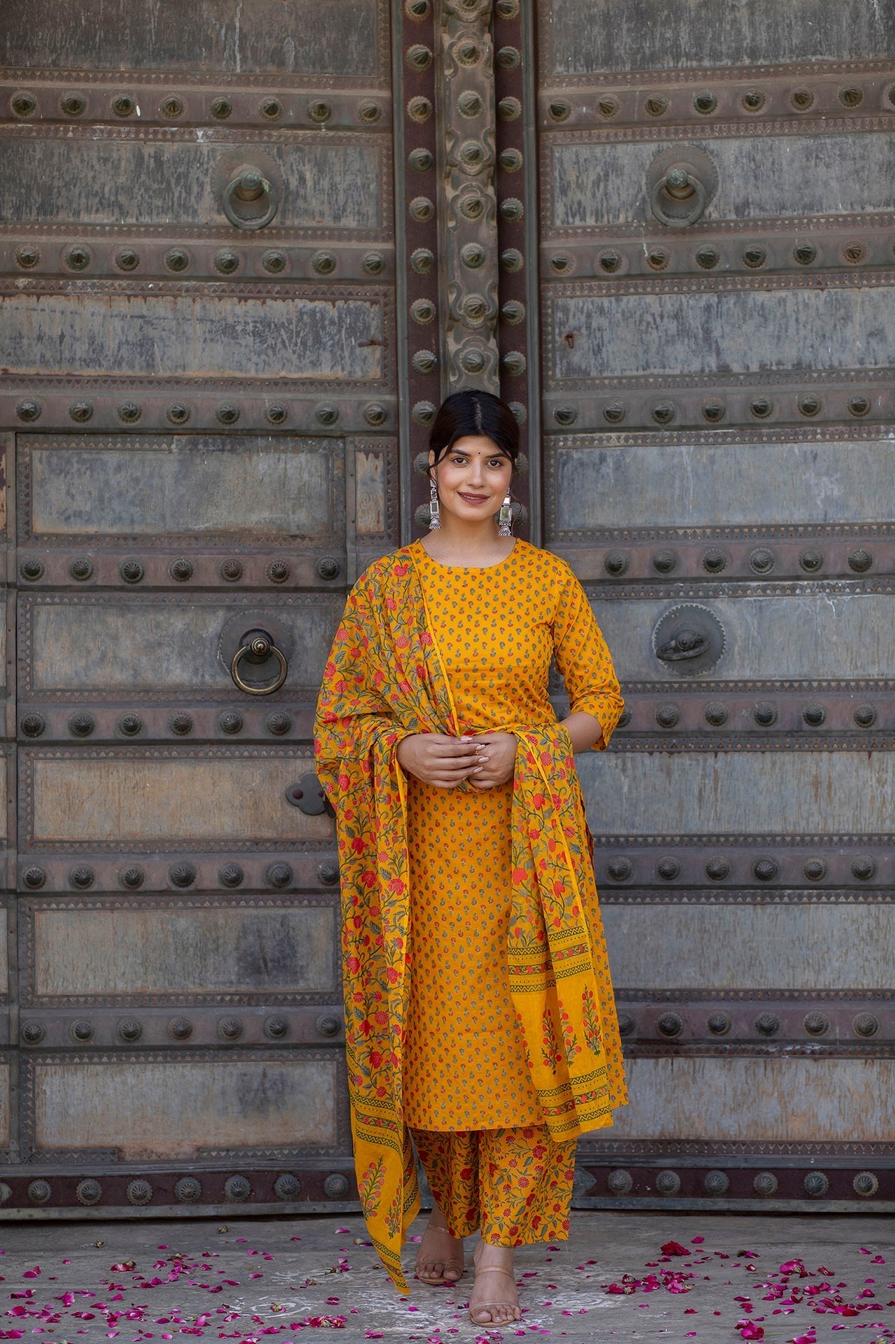 Women Mustard & Gold Printed Straight Kurta With Plazzo  & Dupatta | LASVINI - Redefining Indian Fashion with Elegance