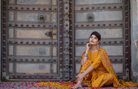 Women Mustard & Gold Printed Straight Kurta With Plazzo  & Dupatta | LASVINI - Redefining Indian Fashion with Elegance