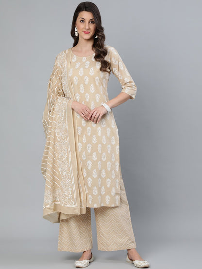 Women Beige Printed Straight Kurta With Plazo & Dupatta | LASVINI - Redefining Indian Fashion with Elegance