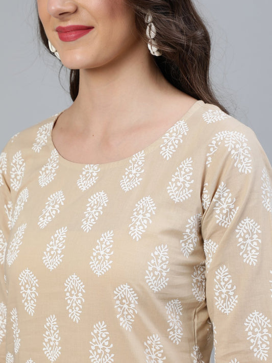 Women Beige Printed Straight Kurta With Plazo & Dupatta | LASVINI - Redefining Indian Fashion with Elegance