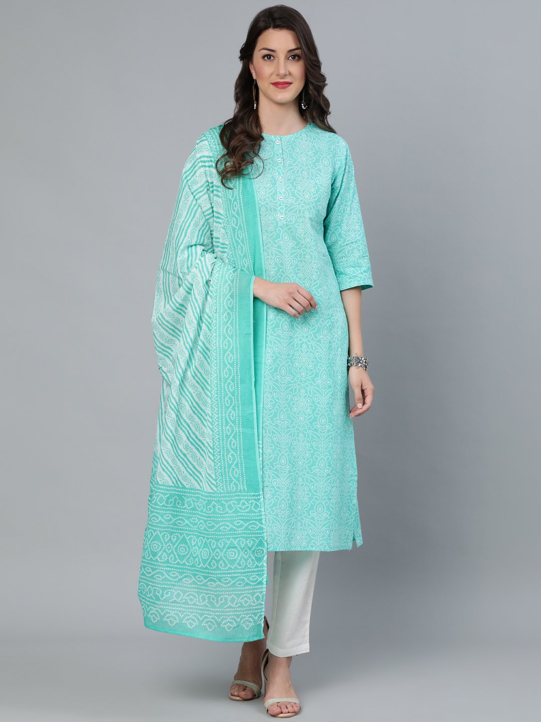 Women Green Printed Straight Kurta Wiith Plazo & Dupatta | LASVINI - Redefining Indian Fashion with Elegance