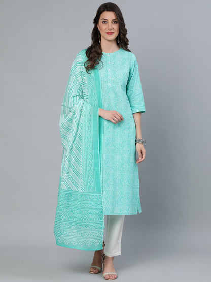 Women Green Printed Straight Kurta Wiith Plazo & Dupatta | LASVINI - Redefining Indian Fashion with Elegance