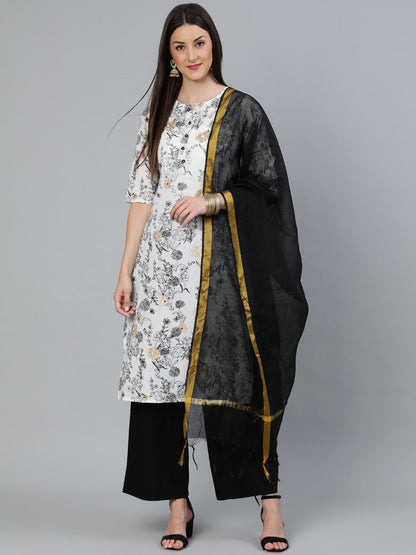 Women Off-White & Black Printed Straight Kurta With Plazzo  & Dupatta | LASVINI - Redefining Indian Fashion with Elegance