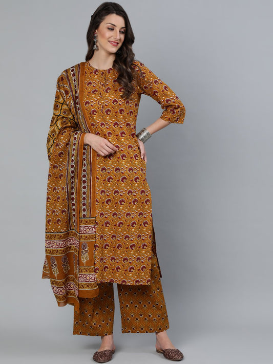 Women Mustard & Maroon Printed Straight Kurta With Plazzo  & Dupatta | LASVINI - Redefining Indian Fashion with Elegance