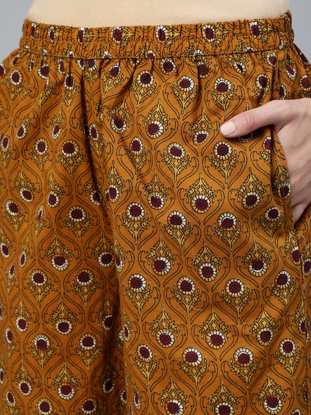 Women Mustard & Maroon Printed Straight Kurta With Plazzo  & Dupatta | LASVINI - Redefining Indian Fashion with Elegance