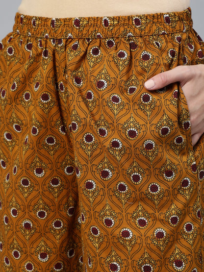 Women Mustard & Maroon Printed Straight Kurta With Plazzo  & Dupatta | LASVINI - Redefining Indian Fashion with Elegance