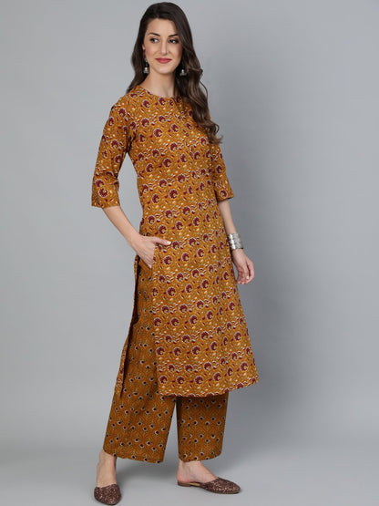 Women Mustard & Maroon Printed Straight Kurta With Plazzo  & Dupatta | LASVINI - Redefining Indian Fashion with Elegance