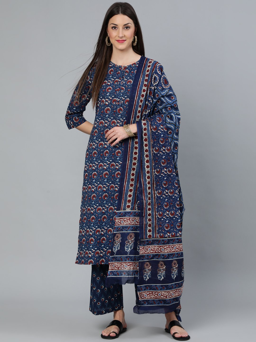 Women Indigo Blue Printed Straight Kurta Wiith Plazo & Dupatta | LASVINI - Redefining Indian Fashion with Elegance