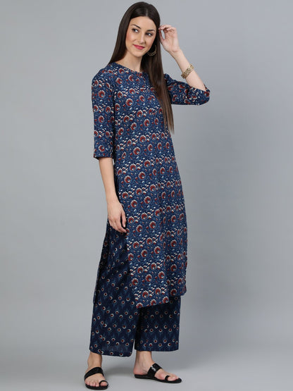 Women Indigo Blue Printed Straight Kurta Wiith Plazo & Dupatta | LASVINI - Redefining Indian Fashion with Elegance
