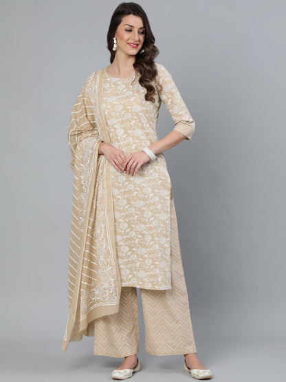 Women Beige Floral Printed Straight Kurta With Plazo & Dupatta | LASVINI - Redefining Indian Fashion with Elegance