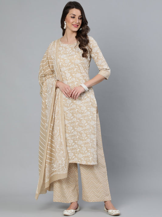 Women Beige Floral Printed Straight Kurta With Plazo & Dupatta | LASVINI - Redefining Indian Fashion with Elegance