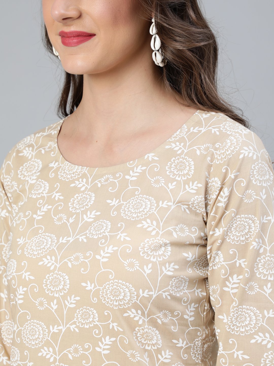 Women Beige Floral Printed Straight Kurta With Plazo & Dupatta | LASVINI - Redefining Indian Fashion with Elegance