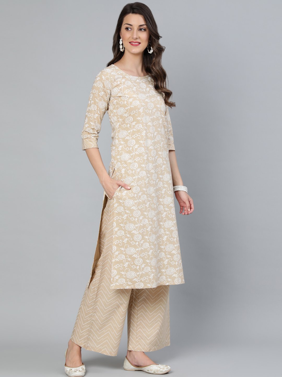 Women Beige Floral Printed Straight Kurta With Plazo & Dupatta | LASVINI - Redefining Indian Fashion with Elegance