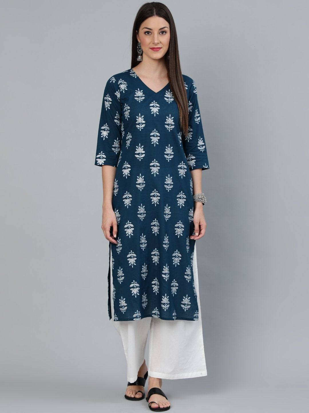 Women Teal Blue & Silver Printed Straight Kurta With Three Quarters Sleeves | LASVINI - Redefining Indian Fashion with Elegance
